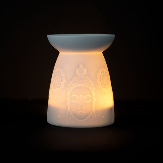 Biały Ceramiczny Kominek na Woski i Olejki Buddha Face|candleroom.pl