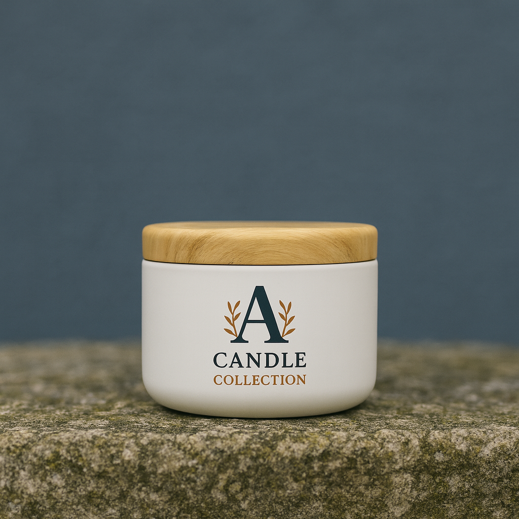 Świeca Sojowa Pine &Plum w białym pojemniku z przykrywką A Candle Collection