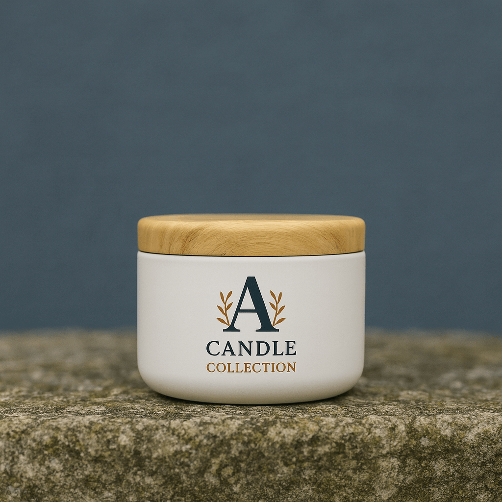 Świeca Sojowa Pine &Plum w białym pojemniku z przykrywką A Candle Collection