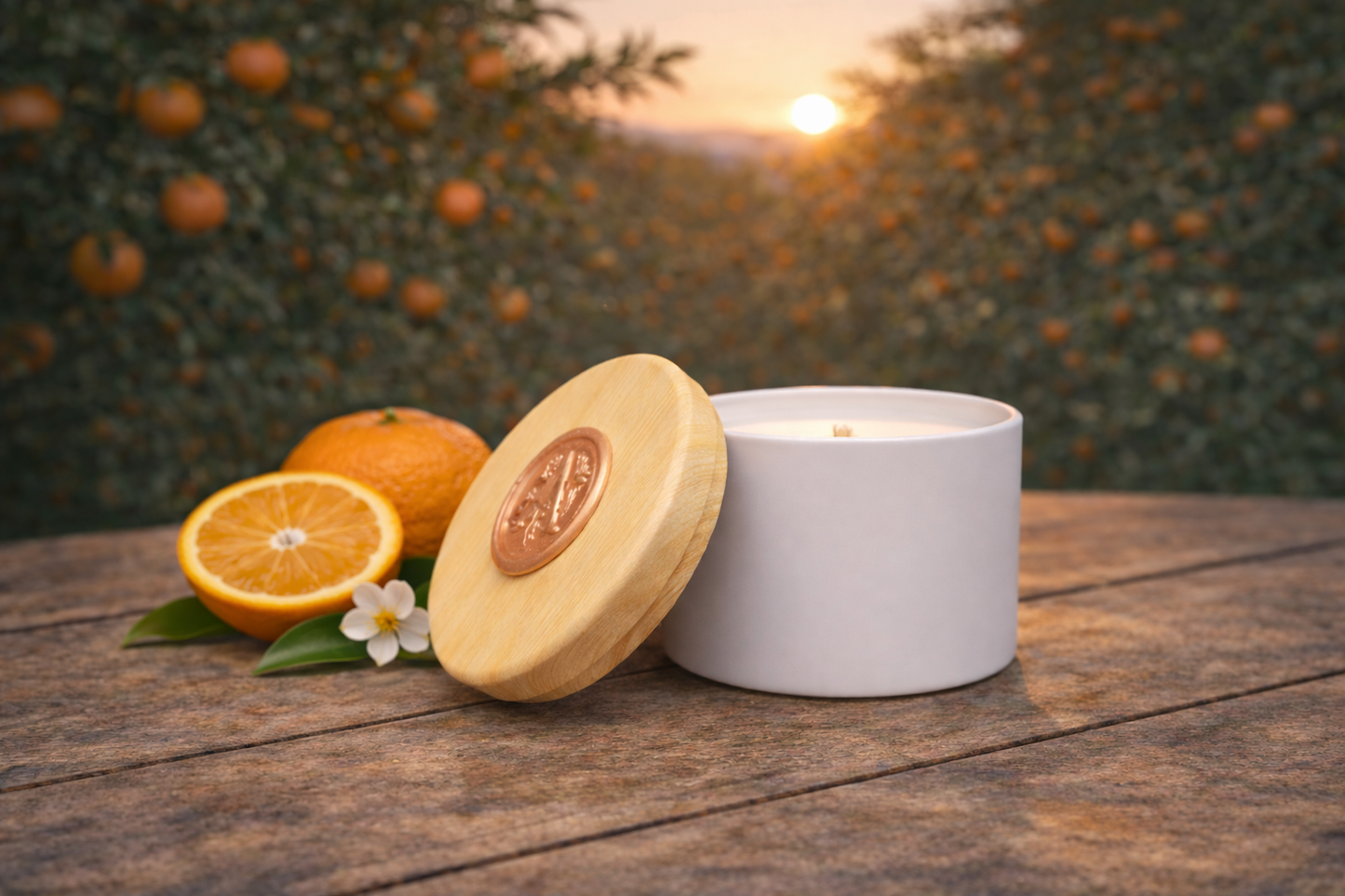 Świeca sojowa zapachowa Mandarin Nightfall 90g A Candle Collection w białym pojemniku z pokrywką na stole w ogrodzie pomarańczowym o zachodzie słońca