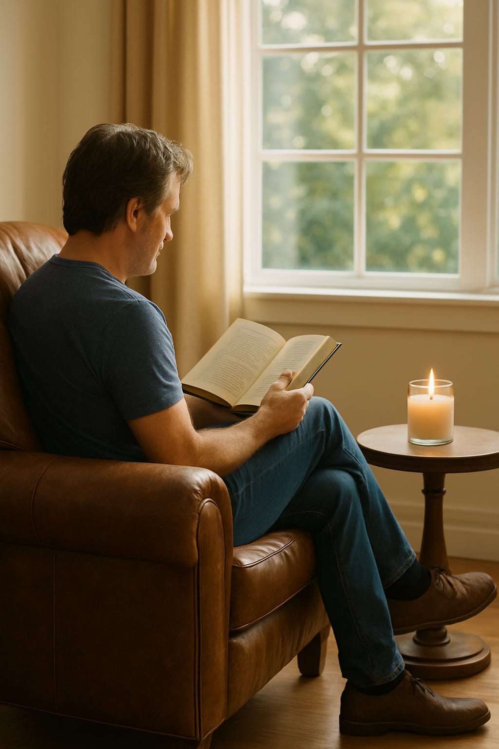 Man reading by a window beside a lit candle