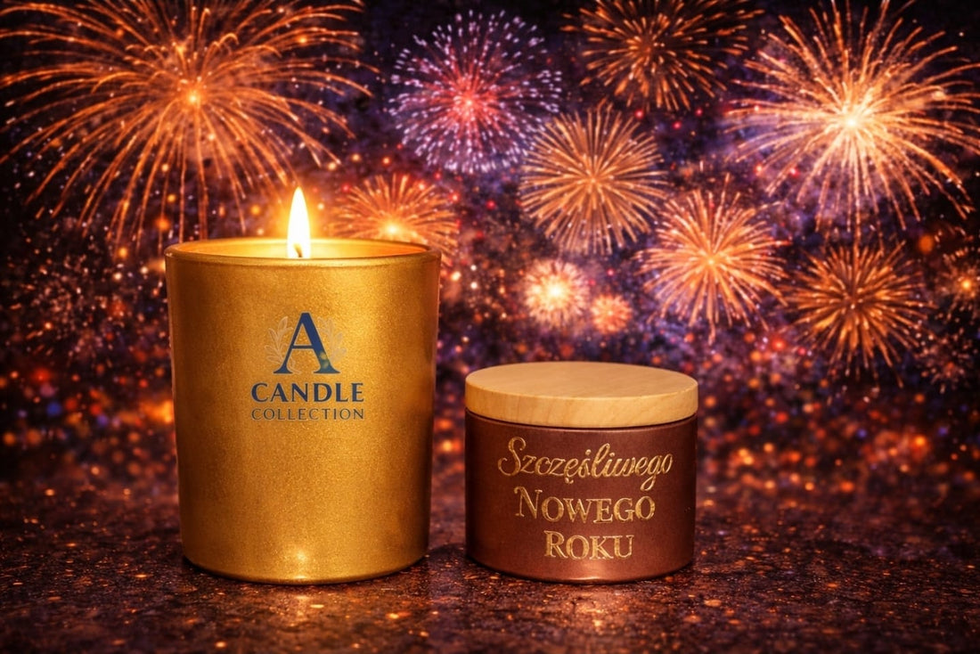 Zapalona świeca A Candle Collection na tle fajerwerków z życzeniami noworocznymi