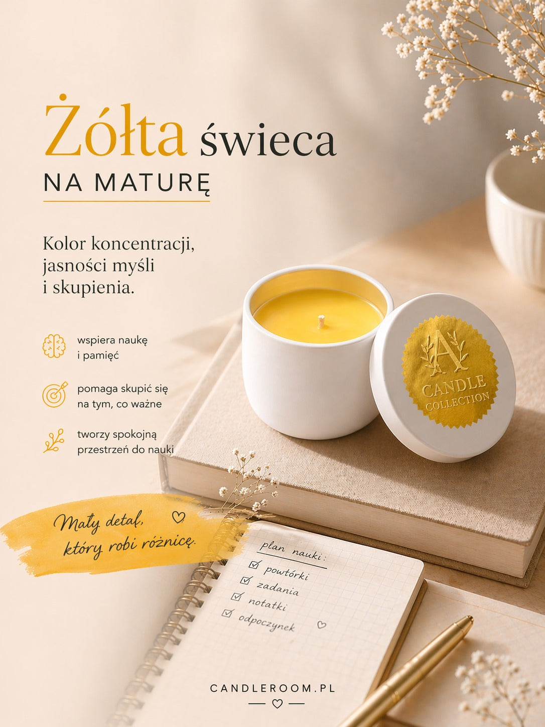 Żółta świeca sojowa A Candle Collection obok zeszytu i długopisu, ilustracja wpisu o maturze