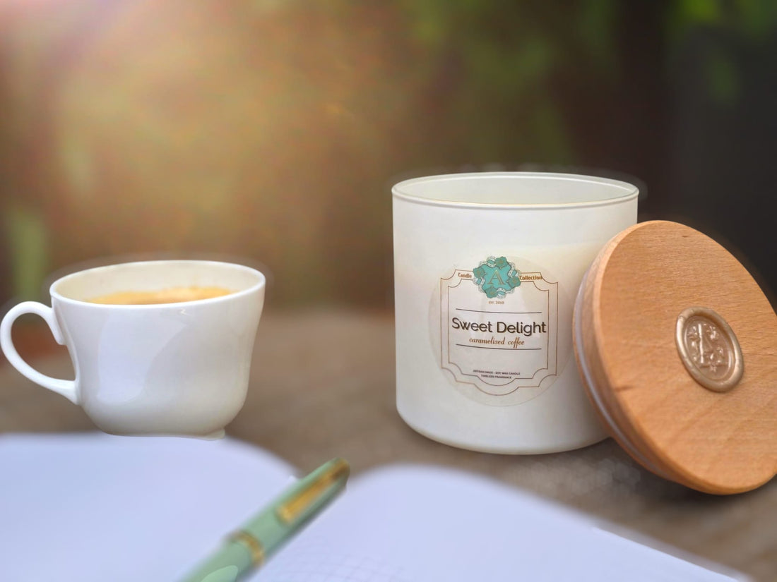 A Candle Collection Sweet Delight candle with wooden lid beside a cup of coffee
