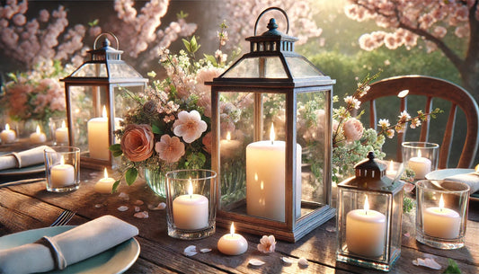 Candles and lanterns in a spring garden with flowers
