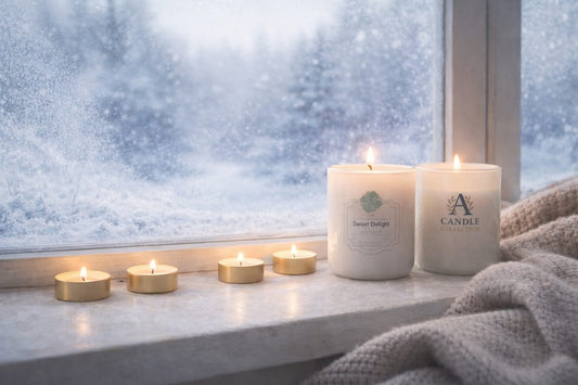 Świece A Candle Collection na parapecie obok koca i ośnieżonego okna