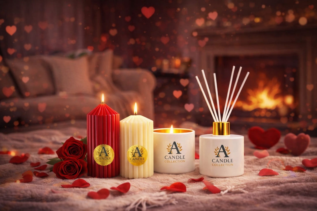 Świece i dyfuzor A Candle Collection w walentynkowej aranżacji z płatkami róż