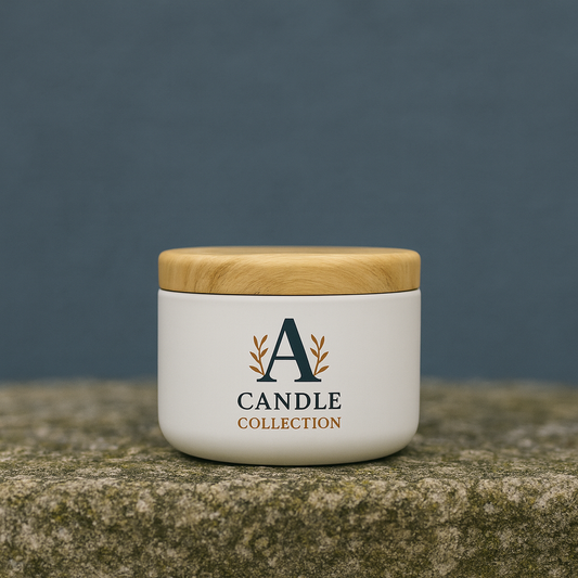 Świeca Sojowa Pine &Plum w białym pojemniku z przykrywką A Candle Collection 