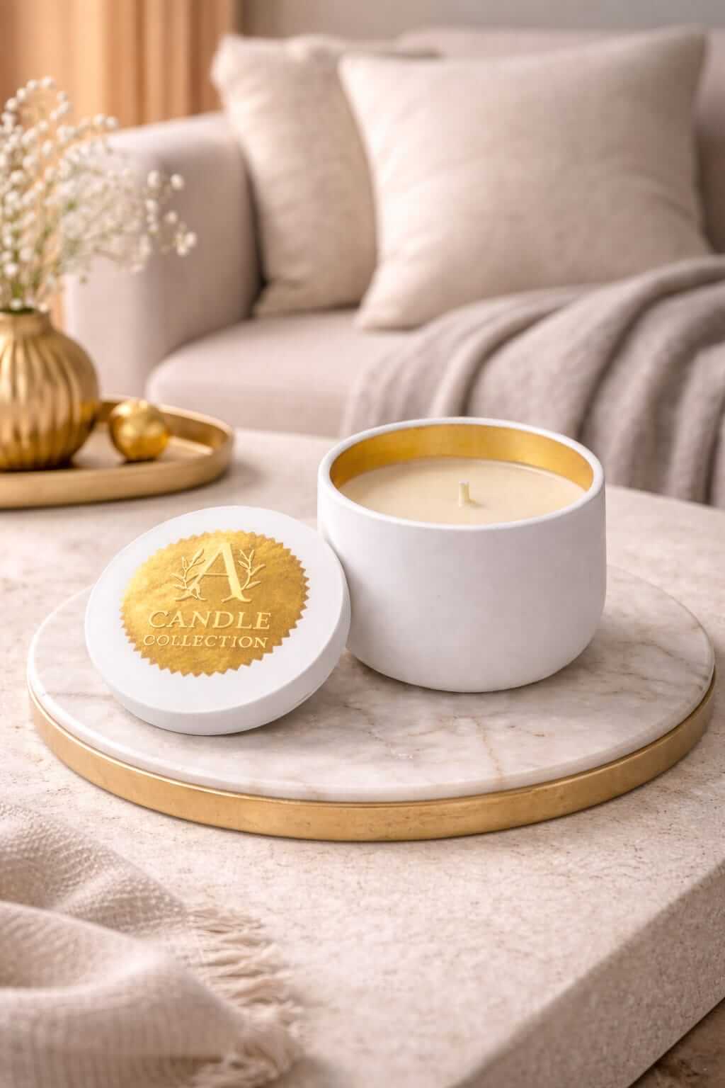 biała świeca sojowa 90g bezzapachowa A Candle Collection w jasnej aranżacji wnętrza