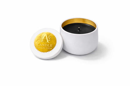 czarna świeca sojowa 90g bezzapachowa w białym pojemniku A Candle Collection