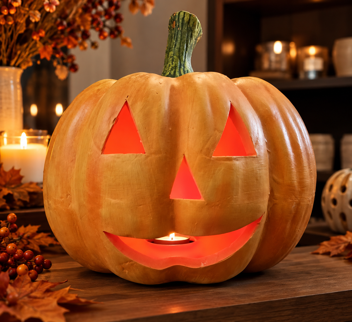 Duża dynia ceramiczna Halloween z tealightem w jesiennej aranżacji