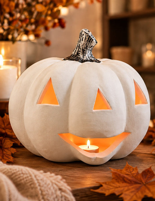 Biała dynia ceramiczna Halloween z tealightem w jesiennej aranżacji