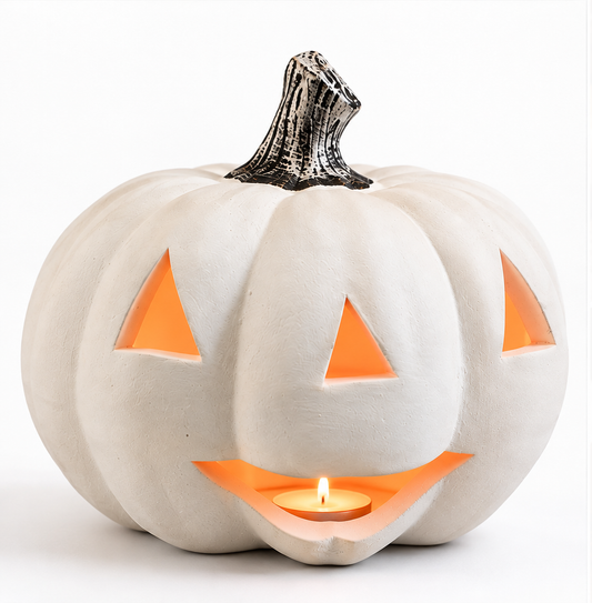 Biała dynia ceramiczna Halloween, lampion na tealight na jasnym tle