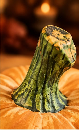 Zbliżenie na zieloną łodygę dużej dyni ceramicznej Halloween