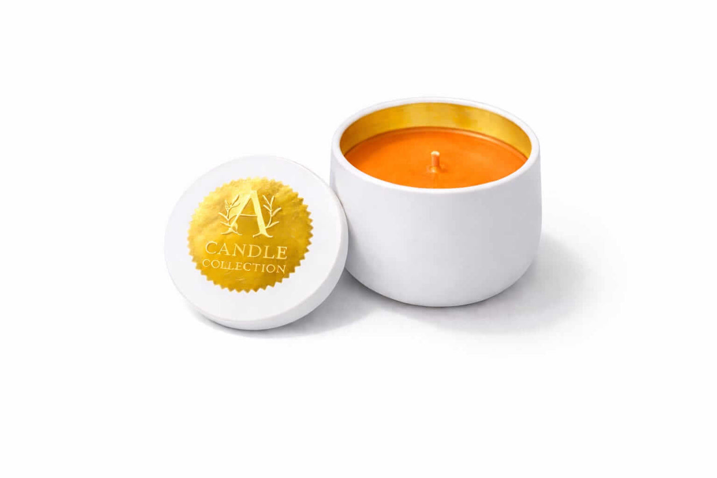 Pomarańczowa świeca sojowa 90g bezzapachowa w białym pojemniku, A Candle Collection
