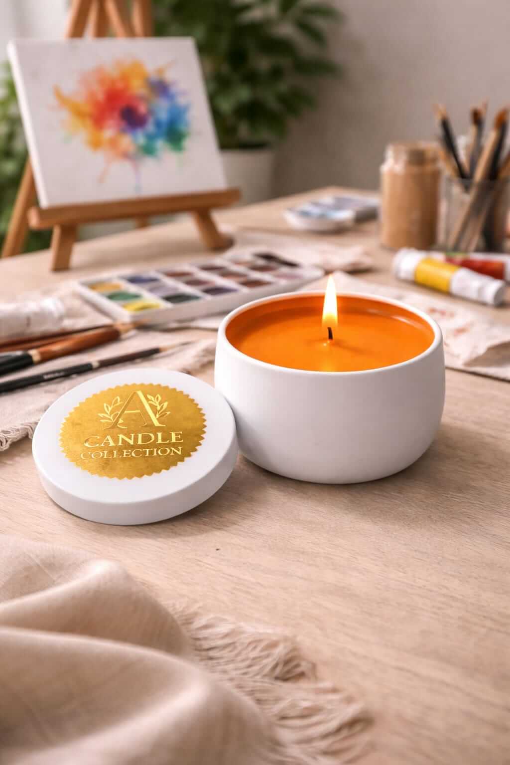 Świeca sojowa pomarańczowa 90g bezzapachowa A Candle Collection w aranżacji wnętrza