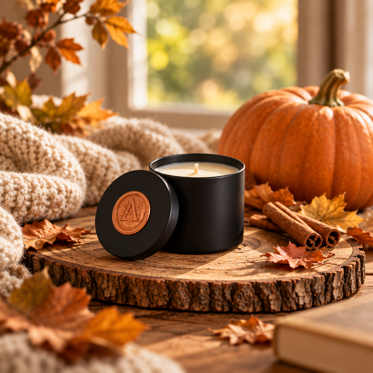 Mała czarna świeca Pumpkin Spice A Candle Collection z dynią i cynamonem w jesiennej aranżacji
