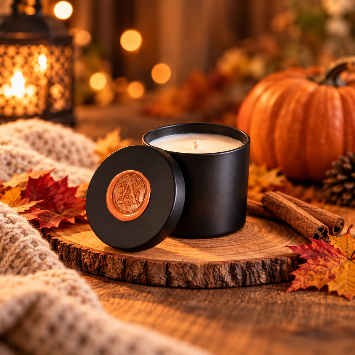 Czarna świeca Pumpkin Spice A Candle Collection 90g z pokrywką w aranżacji z dynią i cynamonem