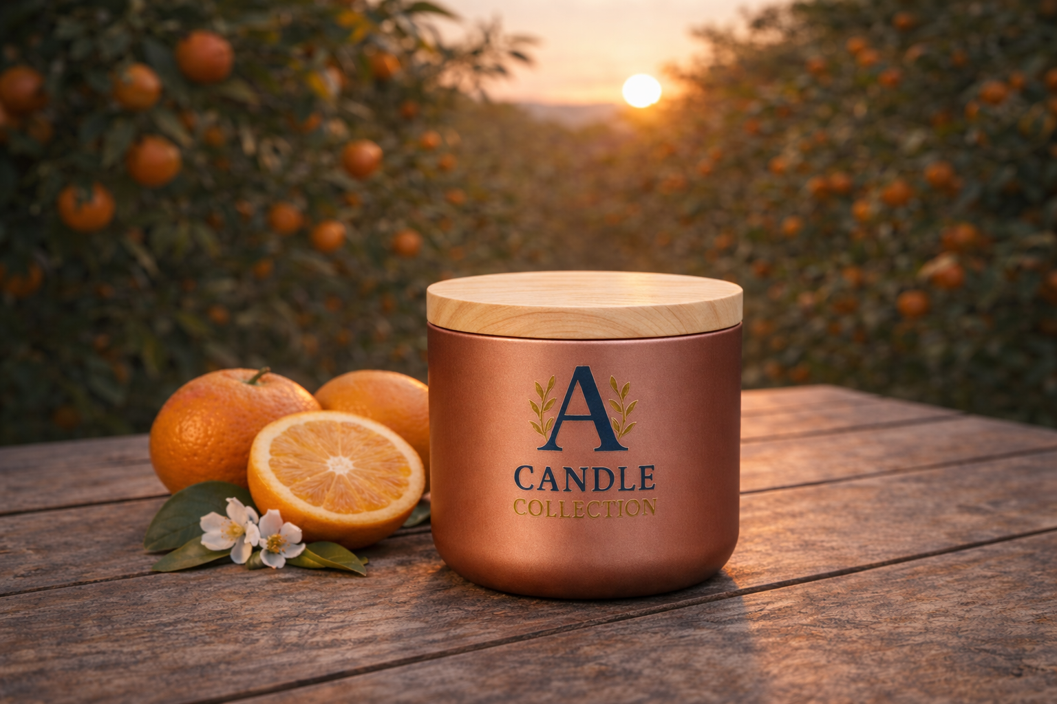 Świeca sojowa zapachowa Mandarin Nightfall 175g A Candle Collection w metalowym pojemniku z pokrywką na tle pomarańczowego ogrodu o zachodzie słońca