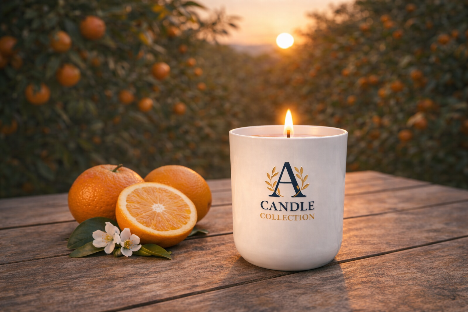 Świeca sojowa Mandarin Nightfall 190g w białym minimalistycznym pojemniku A Candle Collection, zapach mandarynki i pomarańczy na tle drzewek cytrusowych