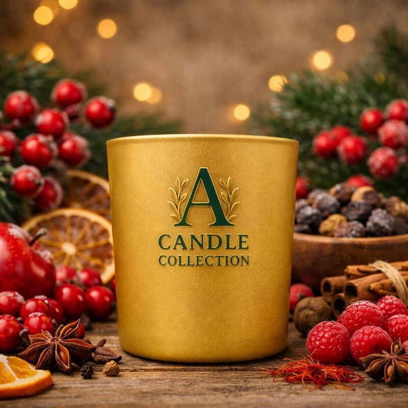 Świeca sojowa Winter Berries & Frankincense 210g A Candle Collection w złotym szkle, otoczona czerwonymi owocami i przyprawami