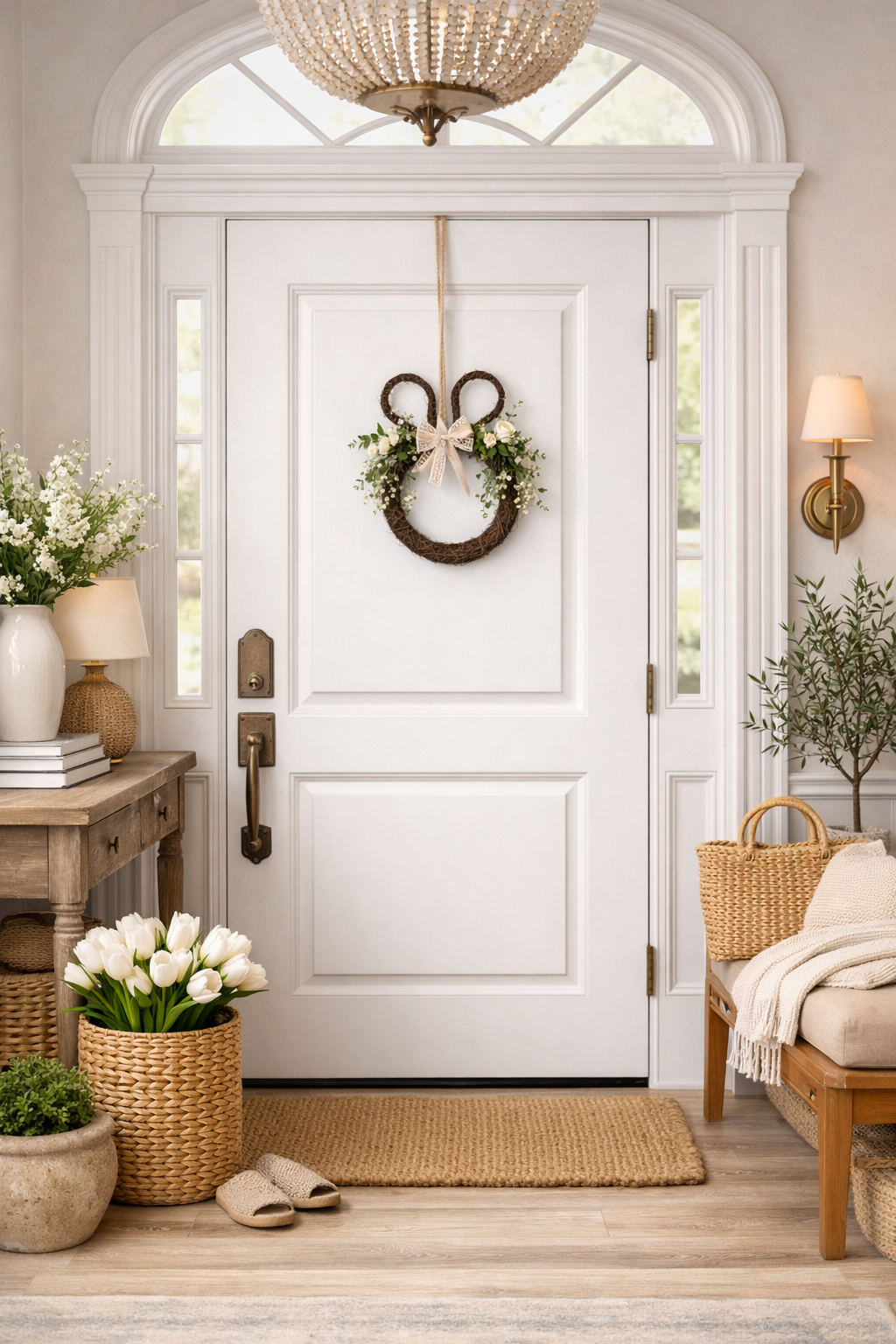 Wianek na drzwi zajączek w aranżacji wnętrza na białych drzwiach – dekoracja wielkanocna do domu Candle Room