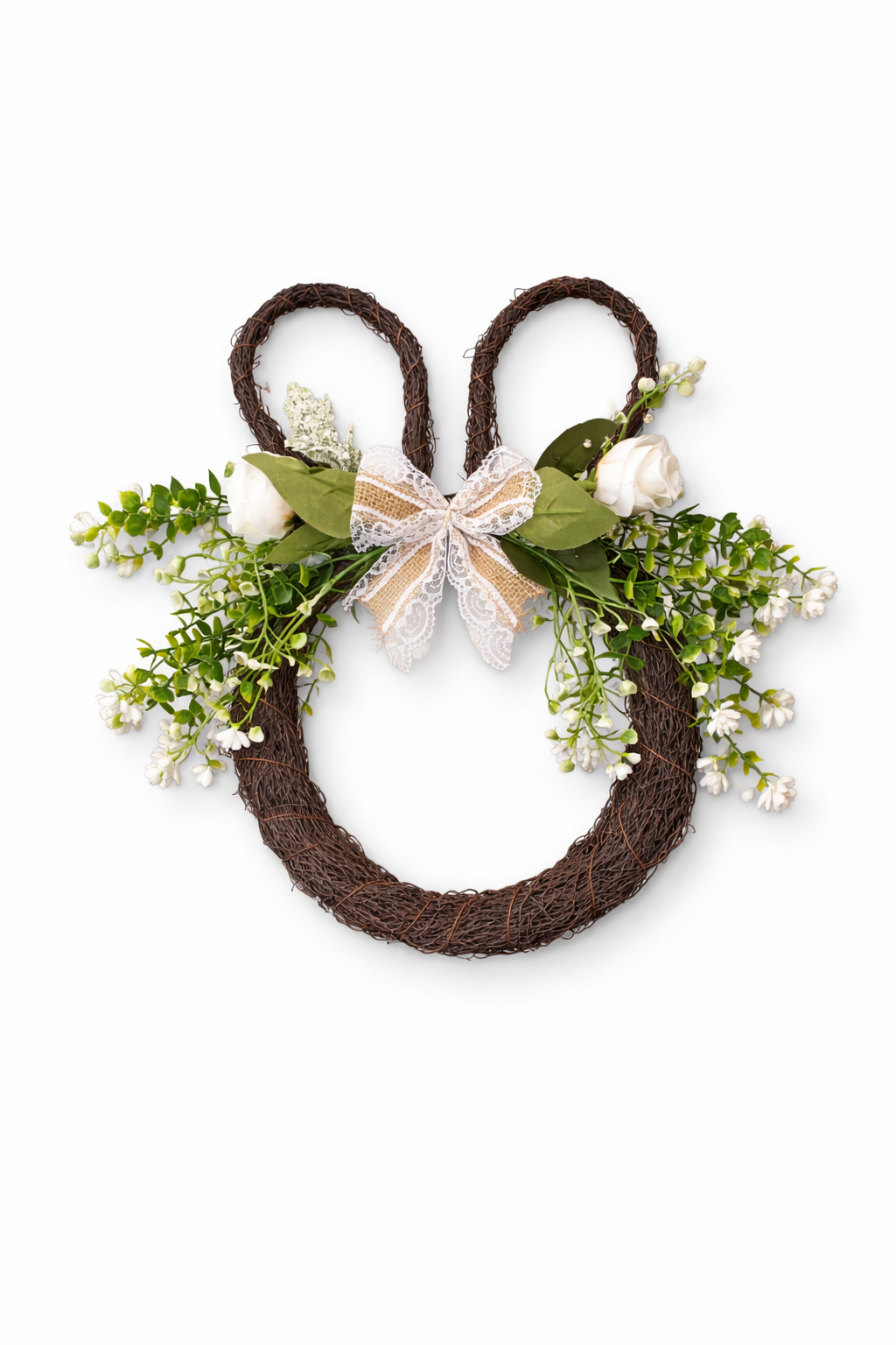 Wianek na drzwi w kształcie zajączka z zielenią i kokardą – dekoracja wielkanocna