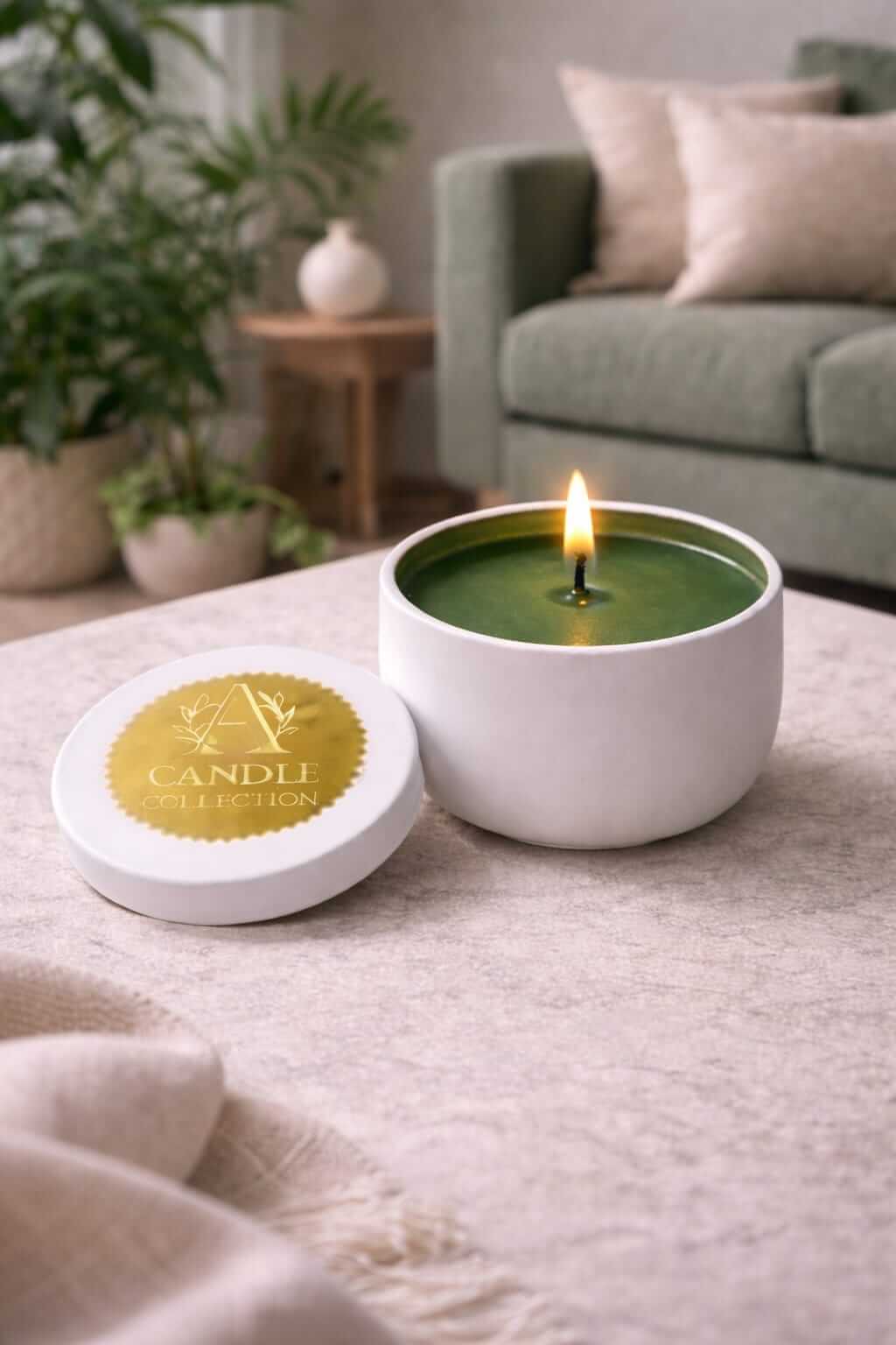 zielona świeca sojowa 90g bezzapachowa A Candle Collection w aranżacji wnętrza, zapalona w białym pojemniku